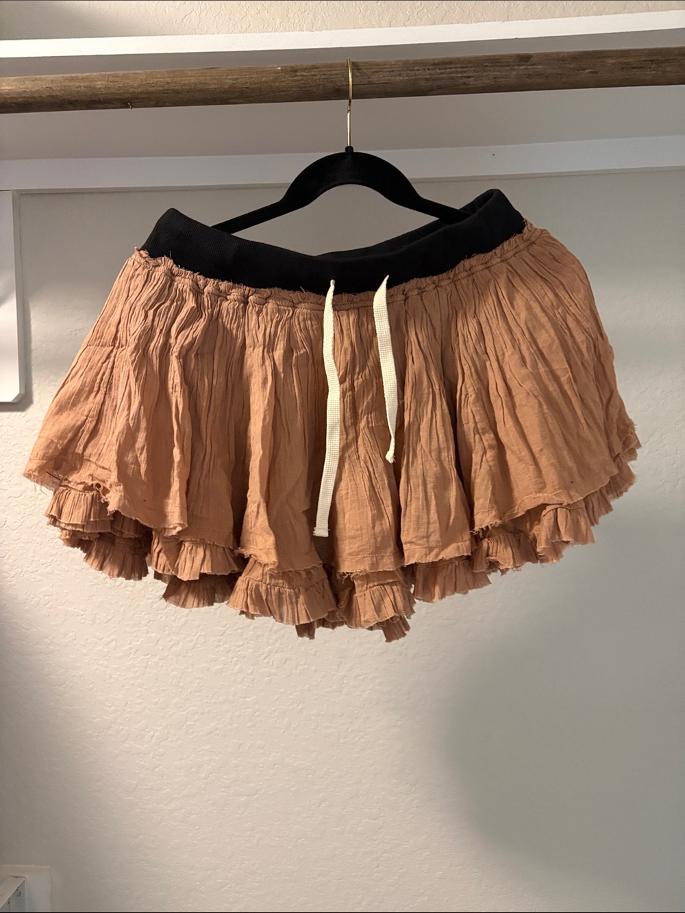 Free People Rust Tan Tiered Ruffle Skirt with Black Waistband